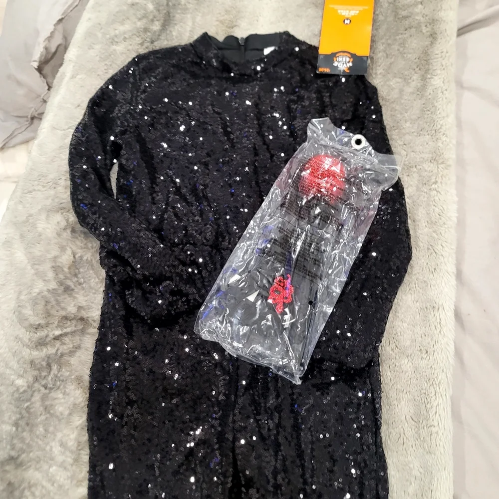 NEW HYDE and EEK Kids Glam Pop Star Sequin Bellbottom Jumpsuit ,Mic & Belt M